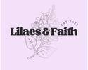 Logo with 'Lilacs & Faith' text and floral design on a light purple background