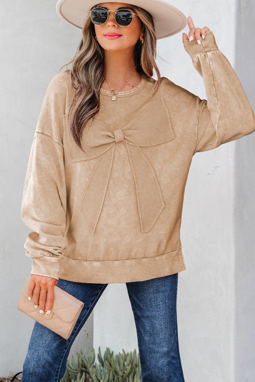 Beige bow accent pullover sweater