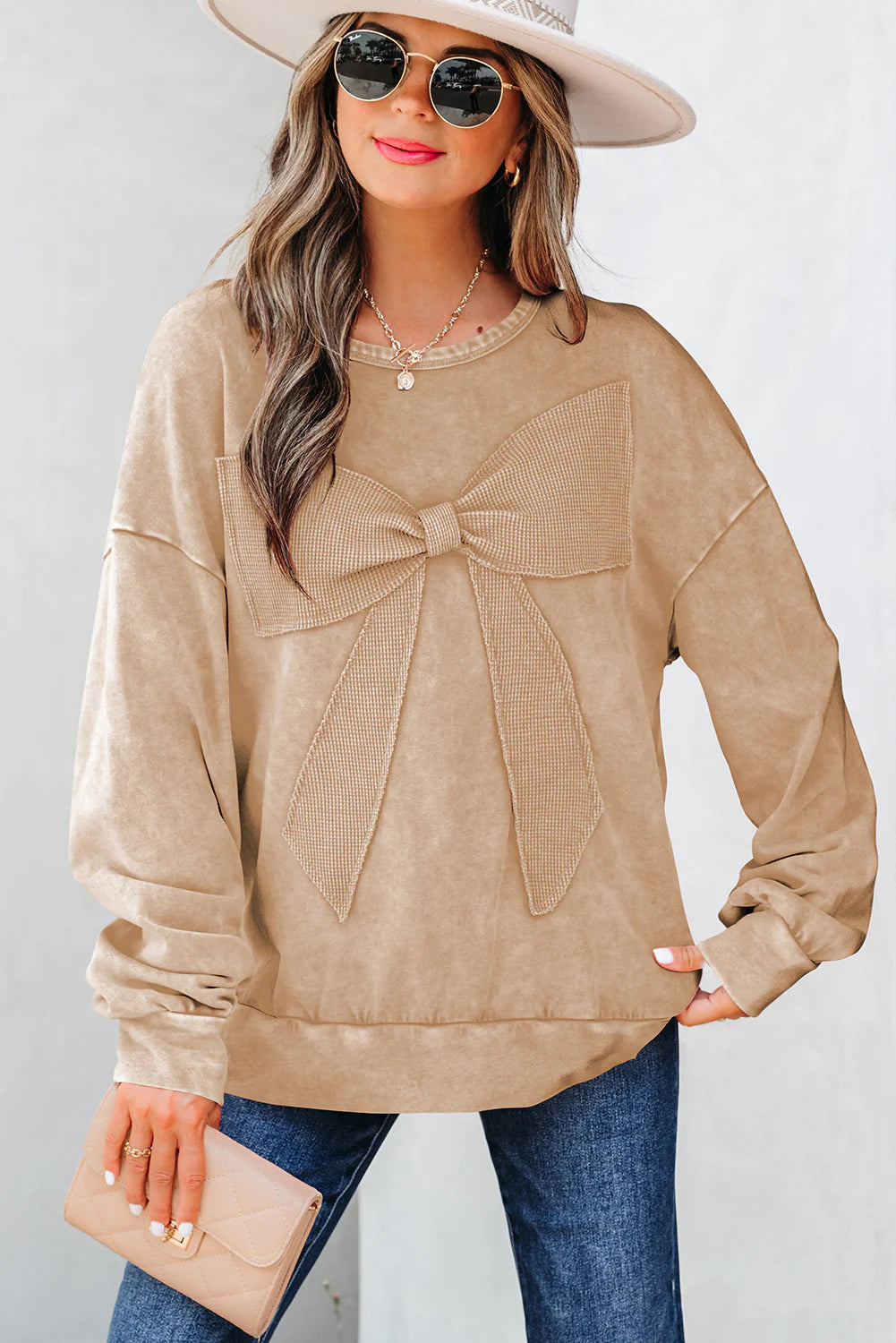 Beige bow accent pullover sweater